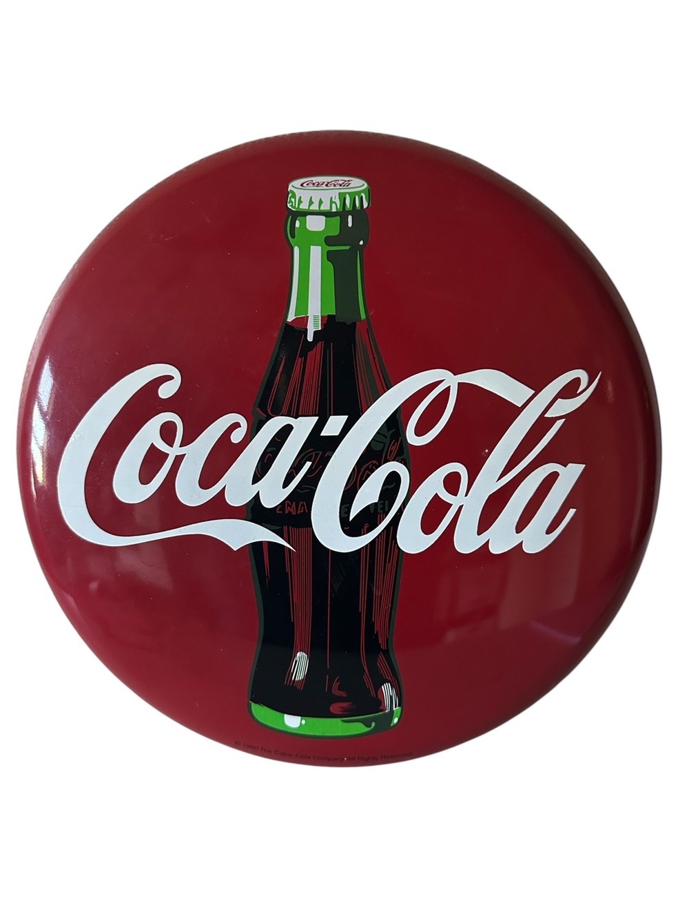 Coca Cola Red and White Brand Tacker-Type Sign Backing Round Metal Green Bottle